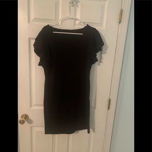 Black ruffle sleeve knit dress